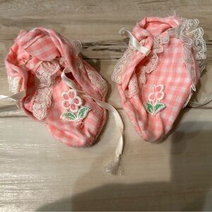 Pink Checkered Baby Booties with Lace Trim